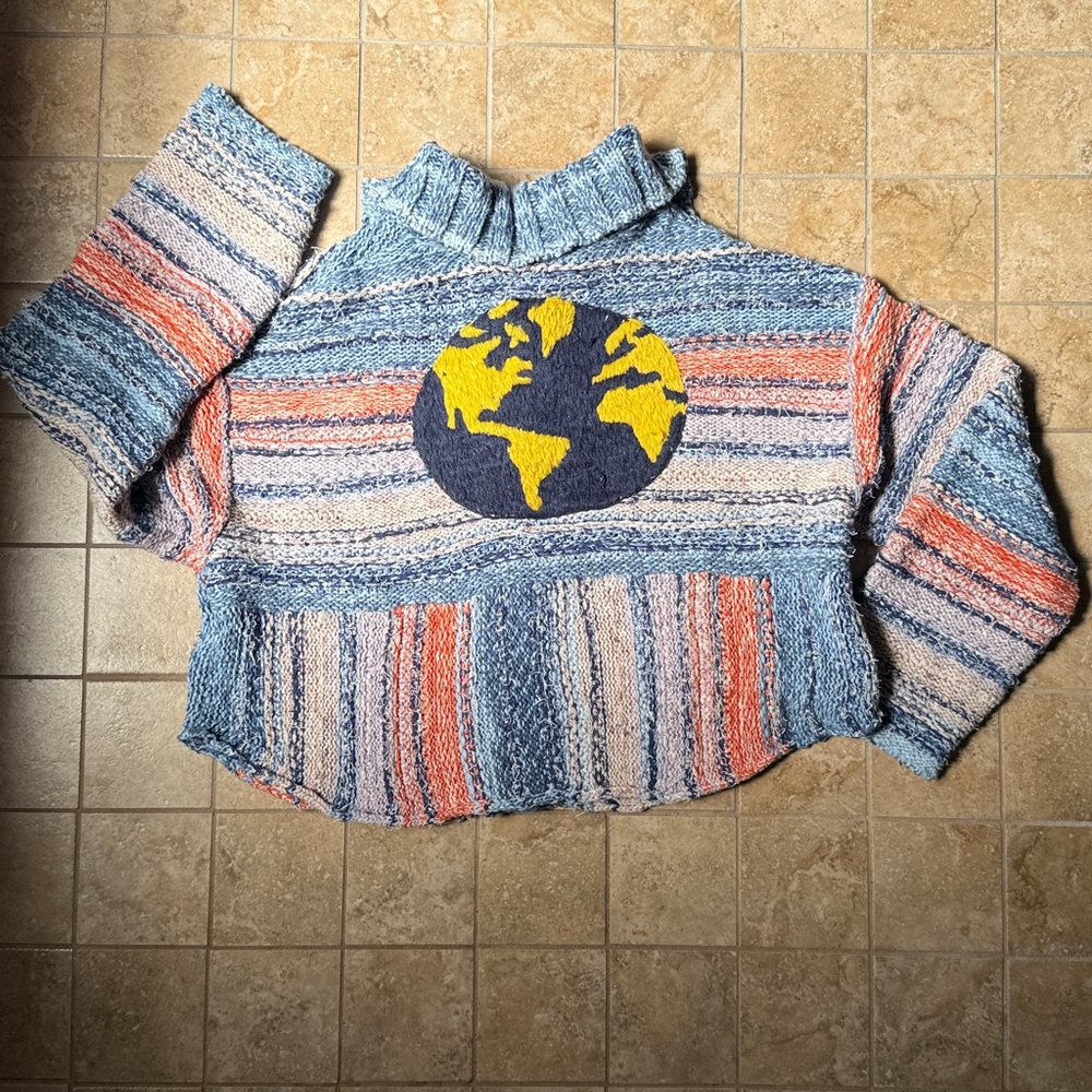 Anthropologie Pilcro Embroidered Earth Cardigan Crop Sweater Iconic World Soft M